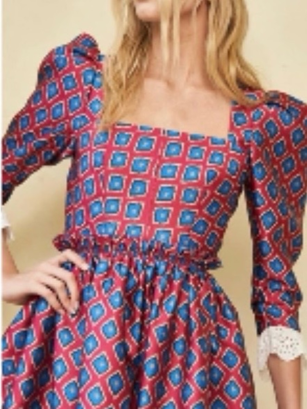 HUNTER BELL Pink-Blue Geometric Square-Neck Maxi Dress